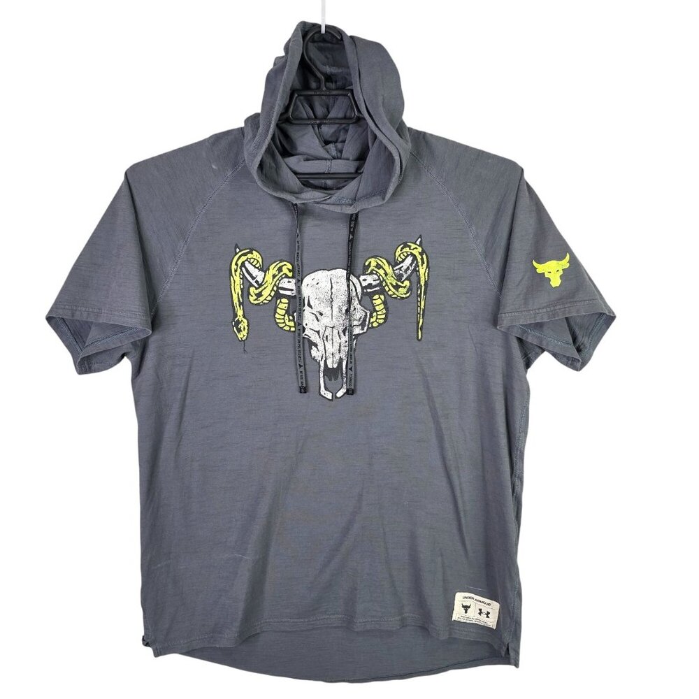 Mens Project Rock Under Armour Grey Hoodie Shirt Loose Fit Short Sleeve Size XL